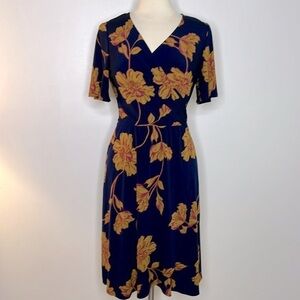 Donna Morgan blue floral faux wrap deep v draped dress size 10